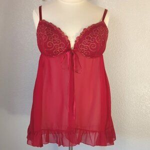 Cacique 22/24 Babydoll Chemise  Red Embroidered Semi Sheer Molded Cups